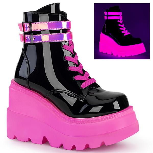 SHAKER-52 DemoniaCult lace-up front ankle boot straps black patent-UV neon pink