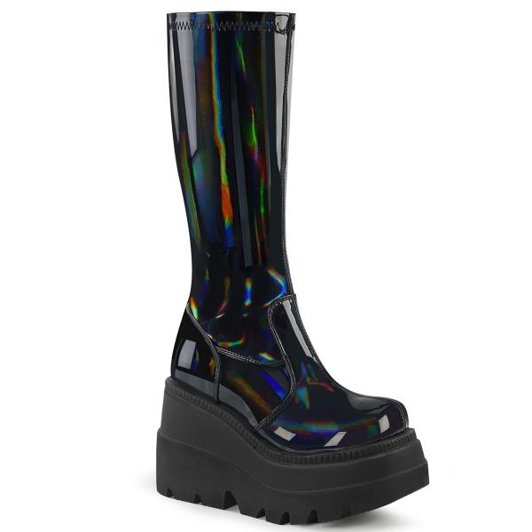 SHAKER-65 DemoniaCult vegan wedge platform knee high boot black holo stretch patent