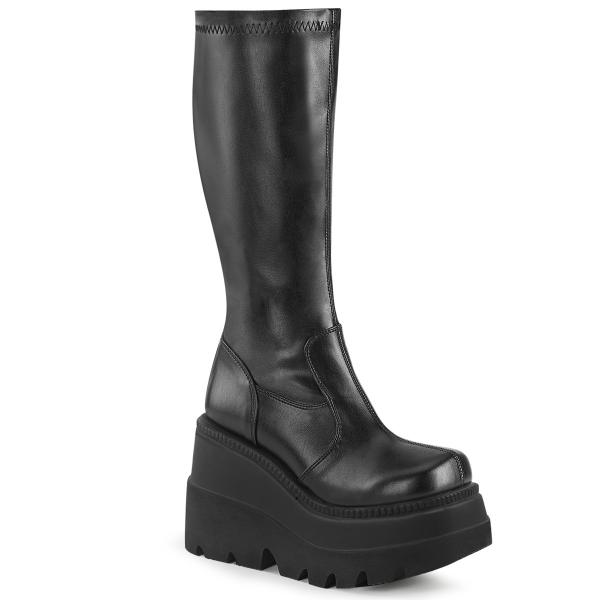 SHAKER-65 DemoniaCult vegan wedge platform knee high boot black matte stretch