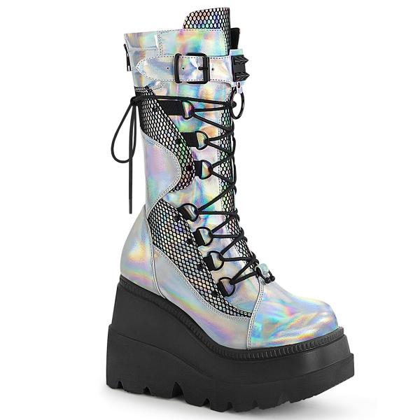 SHAKER-70 DemoniaCult lace-up mid-calf boot spikes o-ring silver hologram matte black fishnet