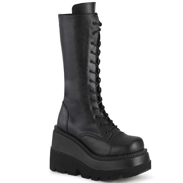 SHAKER-72 DemoniaCult wedge platform lace-up front mid-calf boot black matte