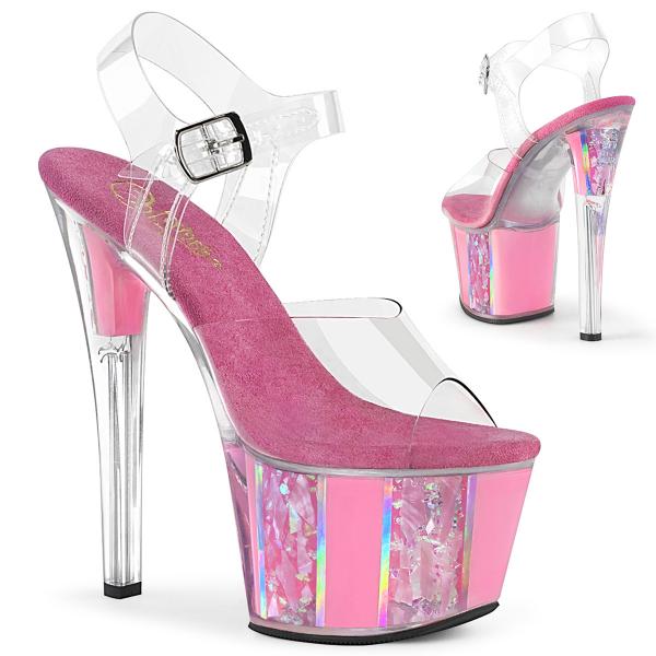 SKY-308OF Pleaser High Heels Plateau Sandaletten Opal Flocken Ornamenten klar babypink