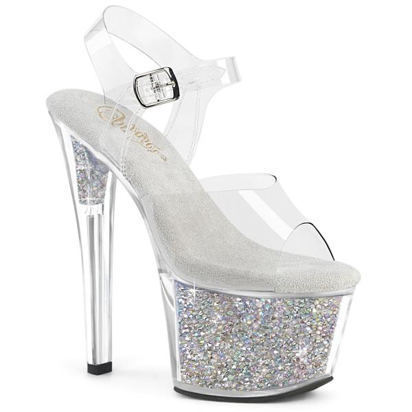 SKY-308RSI Pleaser vegane Damen Plateausandalette klar silber AB Strass gefülllt