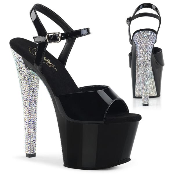 SKY-309CHRS Pleaser High-Heels Plateausandaletten schwarz Lack silber Strassabsatz