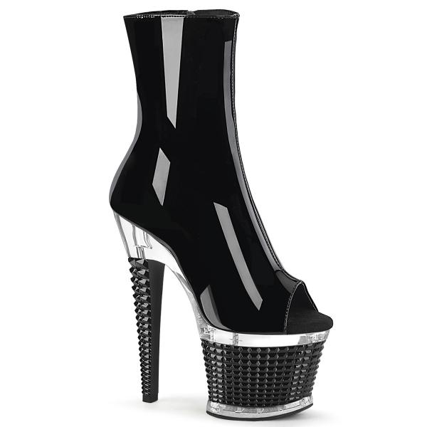 SPECTATOR-1012 Pleaser high heels textured platform peep toe ankle boot black clear patent