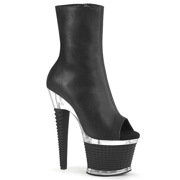 SPECTATOR-1012 Pleaser high heels textured platform peep toe ankle boot black clear matte