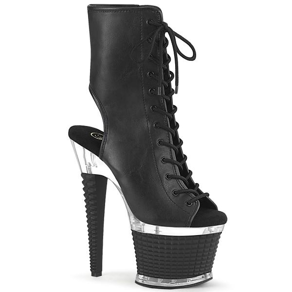 SPECTATOR-1016 Pleaser textured platform peep toe high heels ankle boot black matte clear