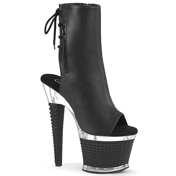 SPECTATOR-1018 Pleaser vegan peep toe platform ankle boot textured platform black matte clear