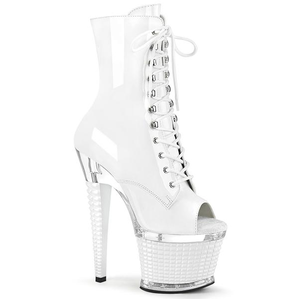 SPECTATOR-1021 Pleaser vegan peep toe platform ankle boot textured platform white patent clear