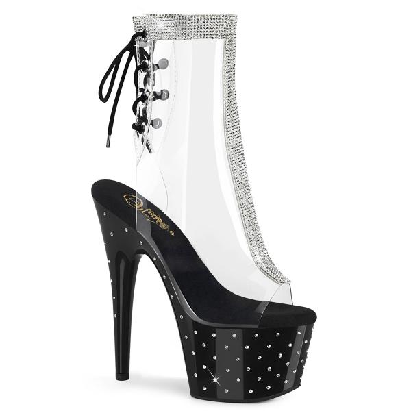 STARDUST-1018C-2RS Pleaser vegan platform high heels ankle boot rhinestone clear black