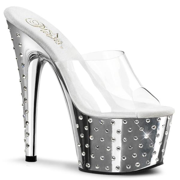 STARDUST-701 Pleaser high heels platform slide clear silver chrome with rhinestones