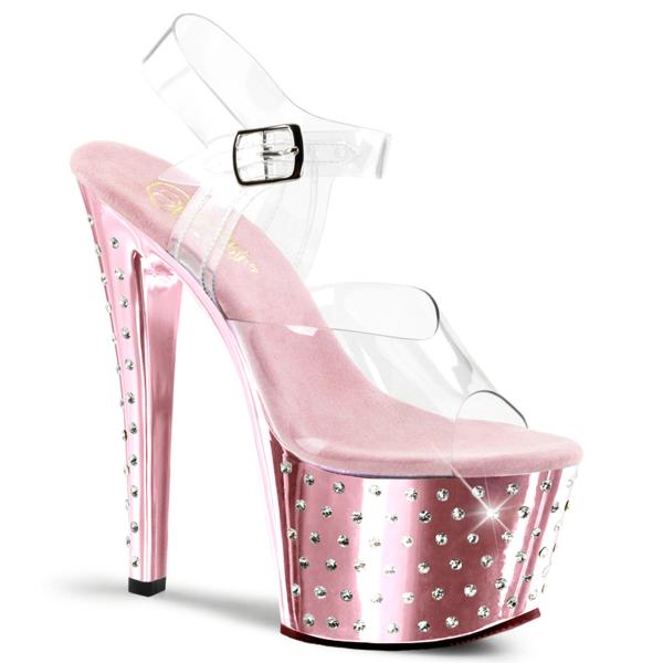 STARDUST-708 Pleaser High-Heels Plateausandaletten klar babypink Chrom mit Strass