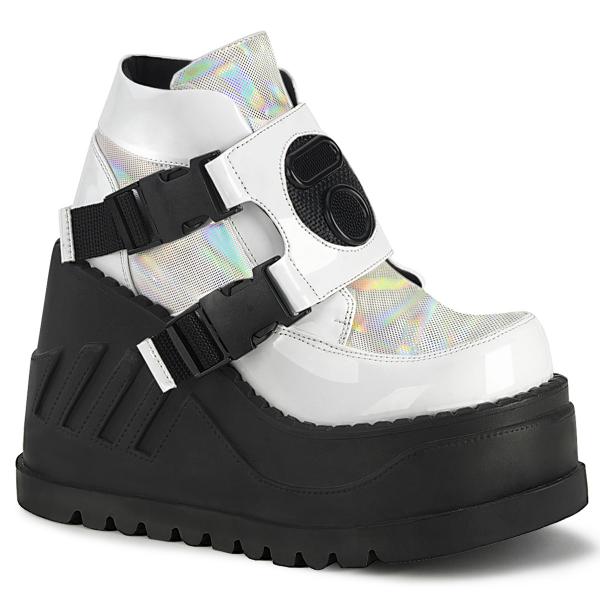 STOMP-15 DemoniaCult wedge platform bootie white patent multi snap buckles ventilator detail