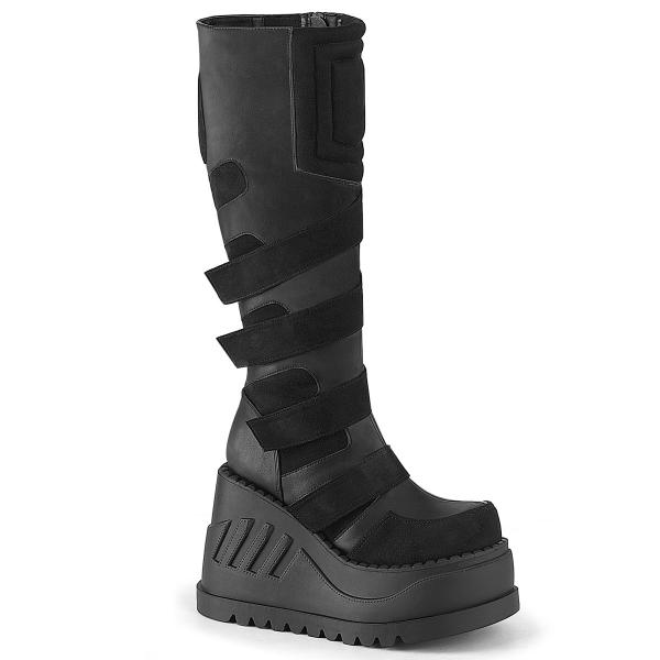 STOMP-228 DemoniaCult vegane Damen kniehohe Kontrast Keilplateaustiefel schwarz Matt