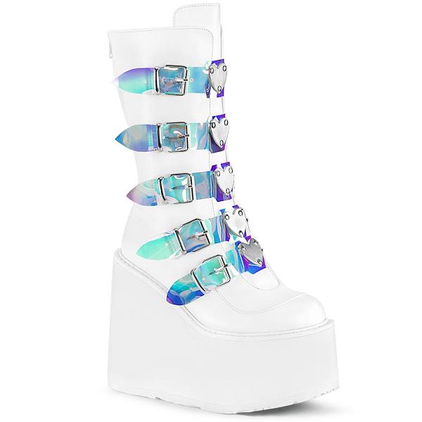 SWING-230 DemoniaCult wedge platform knee boots 10 buckles white vegan leather