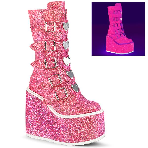 SWING-230G vegane DemoniaCult Keilplateau 10 Schnallen Stiefel pink Multiglitter