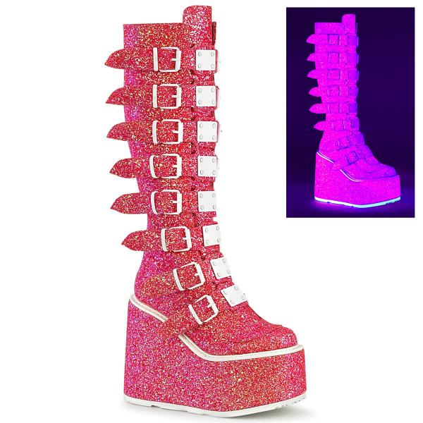 SWING-815UV DemoniaCult Damen Gothic Punk Keil-Plateaustiefel UV pink Glitter 16 Schnallen