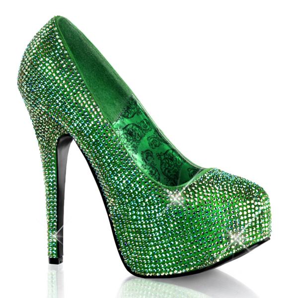 TEEZE-06R Bordello High Heels Plateau Stiletto Pumps grün Satin Strass