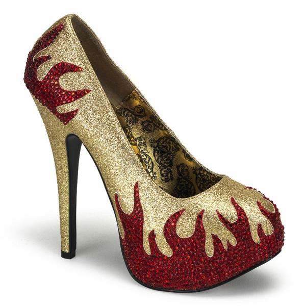 TEEZE-27 Bordello platform pump red rhinestones flames gold mini glitter