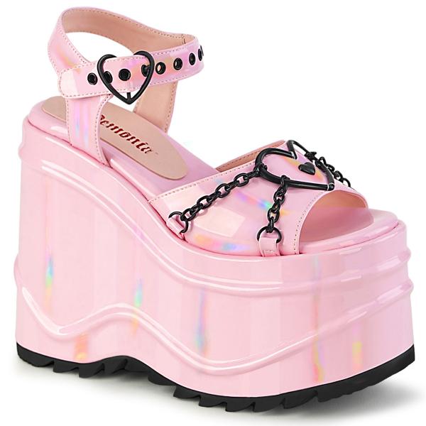 WAVE-09 DemoniaCult high heels wedge platform sandal ankle strap heart chain baby pink hologram