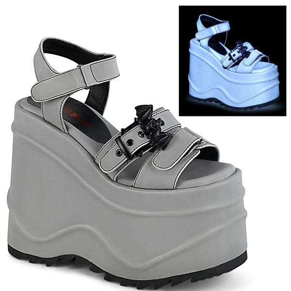 WAVE-13 DemoniaCult wedge platform ankle strap sandal grey reflective bat buckle