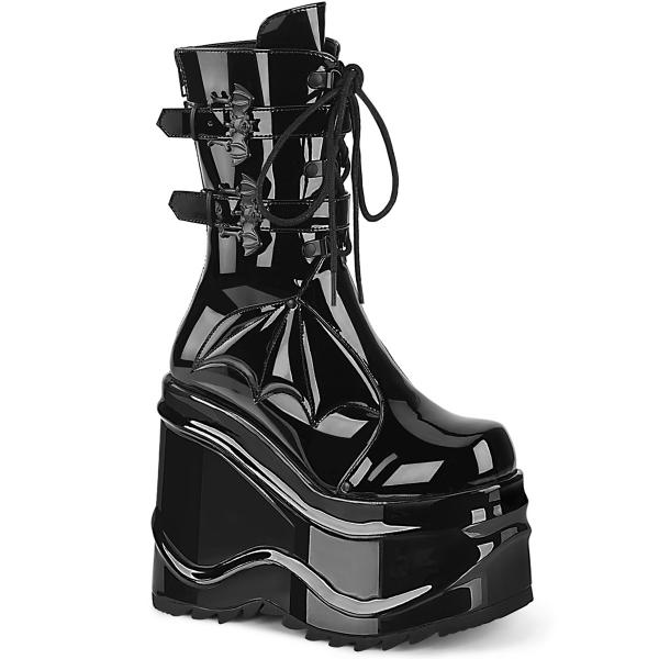 WAVE-150 DemoniaCult Damen wadenhohe Keil-Plateaustiefel Fledermaus schwarz Lack