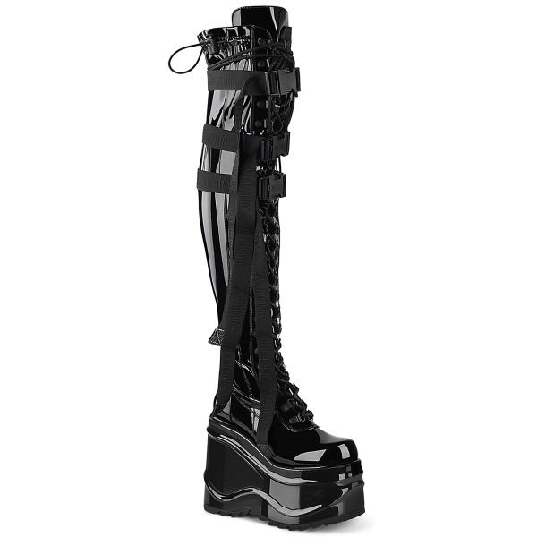 WAVE-315 DemoniaCult vegan wedge platform stretch thigh high boot black patent