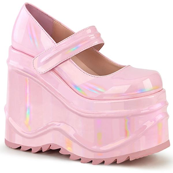 WAVE-32 DemoniaCult lady wedge platform strap pump baby pink hologram