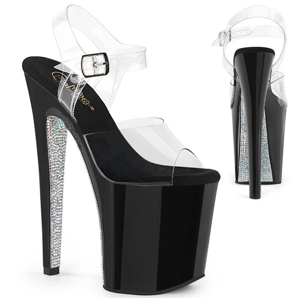 XTREME-808CRS Pleaser vegane Damen Plateau Riemchen Sandaletten klar schwarz silber Strass