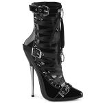 DAGGER-1032 Devious vegan high heels ankle boot ribbon lace o-ring black patent