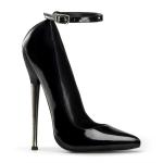 DAGGER-12 Devious high heels ankle strap pump black patent solid brass heel