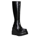 SHAKER-100 DemoniaCult Damen Keil-Plateau Kniehohe Stiefel schwarz Lederoptik