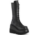 SHAKER-72 DemoniaCult Damen Keil-Plateau Kniehohe Schnür-Stiefel schwarz Lederoptik