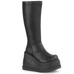 STOMP-200 DemoniaCult Damen kniehohe Stretch Plateaustiefel Keilabsatz schwarz Lederoptik